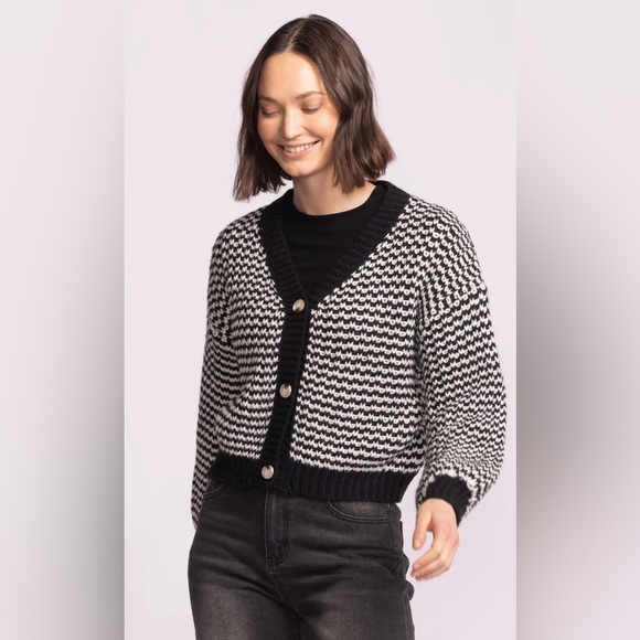 Pink Rose Sweaters - PINK ROSE | Houndstooth Black and Cream Cardigan